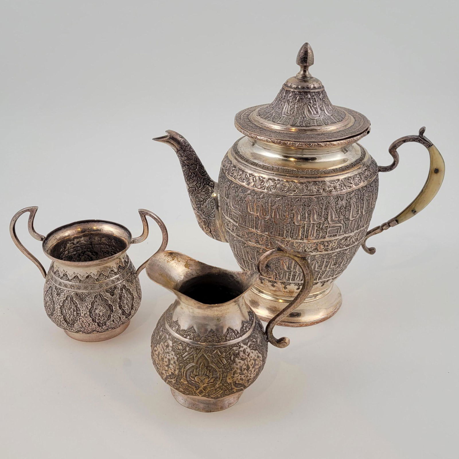 Three Pieces Persian Silver, Teapot, Creamer, Sugar Bowl (1 of 4)