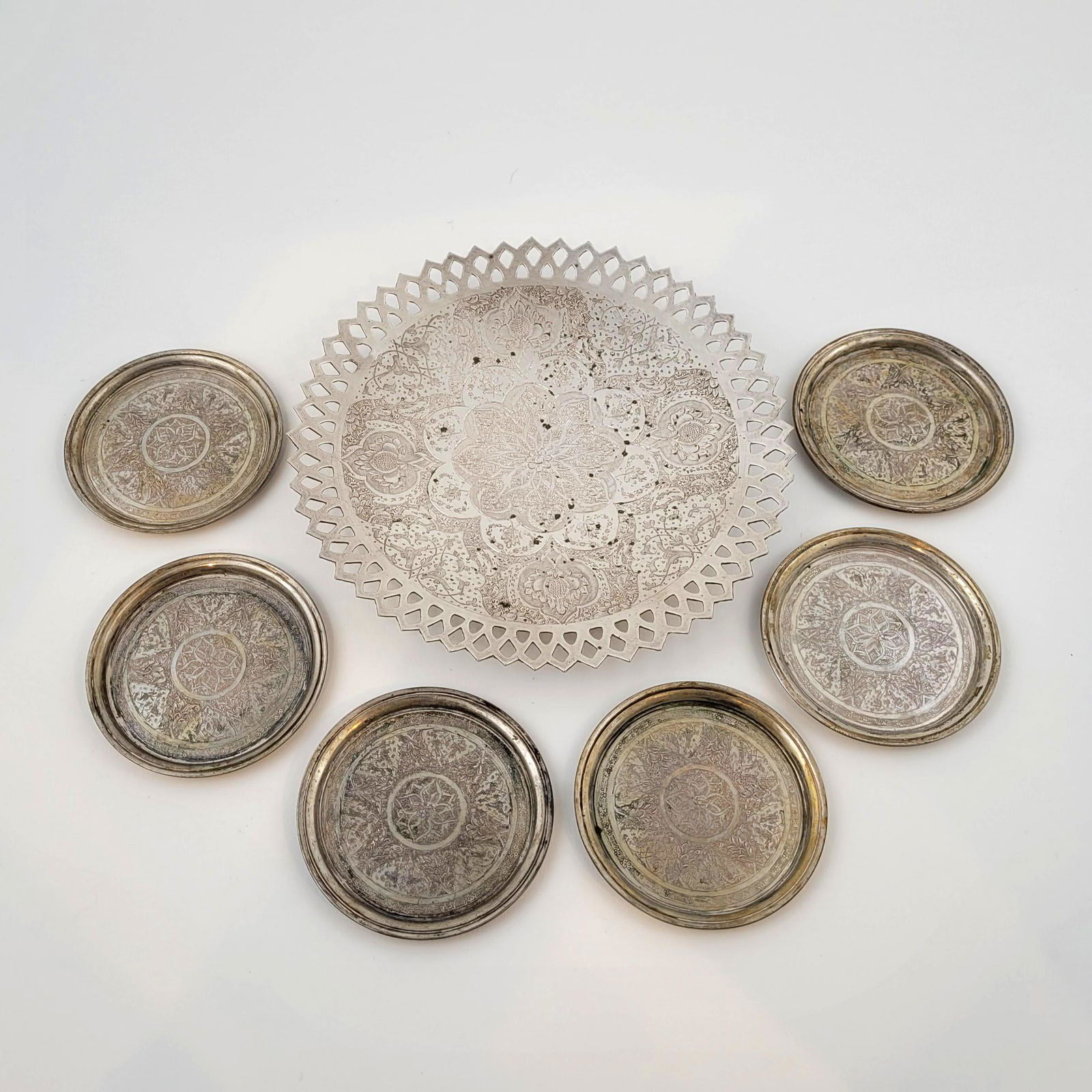 Persian Silver Footed Dish and Six Silver Coasters (1 of 4)