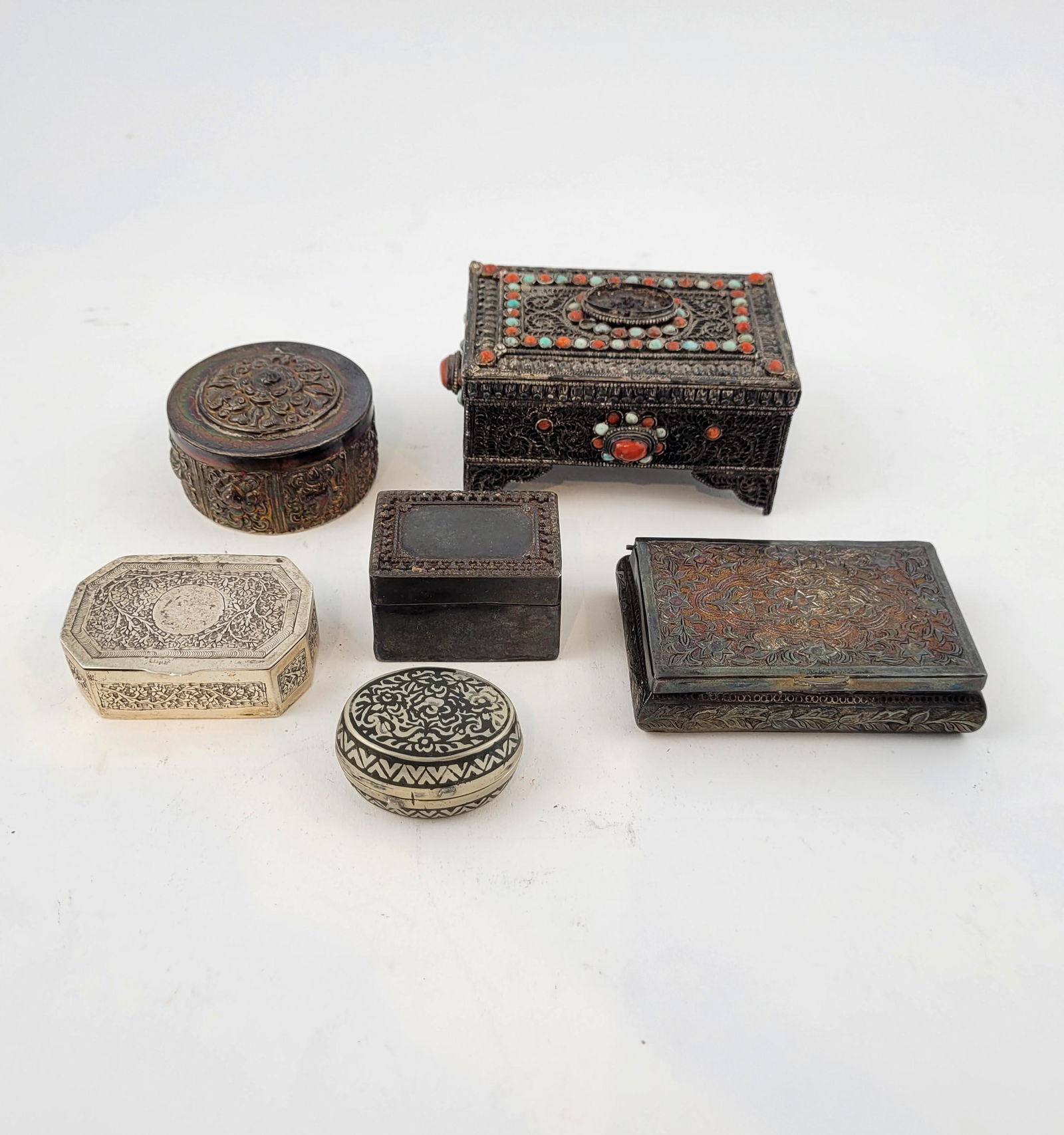 Six Silver Boxes, Tibetan, Persian Middle Eastern (1 of 3)