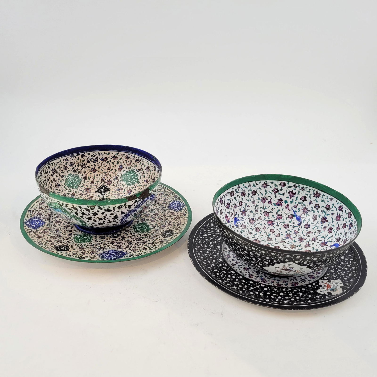 Two Persian Enamel on Copper Bowls & Underplates (1 of 4)