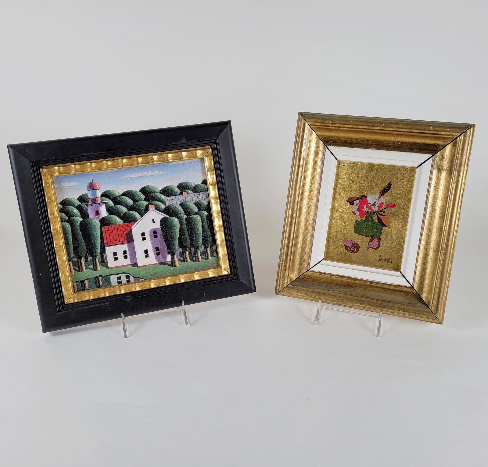 Two Oil Paintings on Board: One landscape scene, signed JOEL another still life with gilt background. signed, (illegible). 10 x 11 1/2 inches and 11 x 13 inches. Property from the estate of Dr. Nafis Sadik, no reserve.