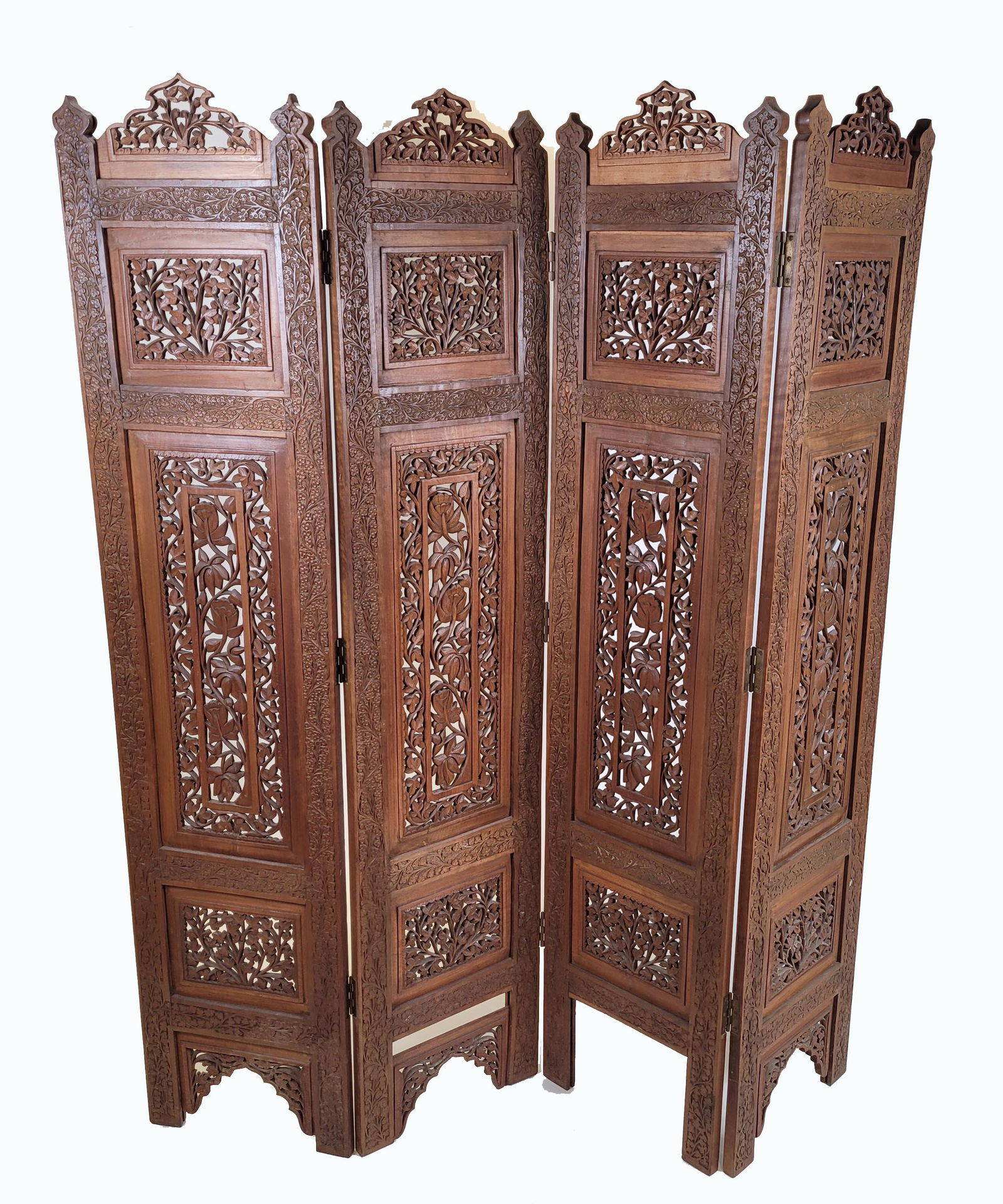 Indian Four Panel Carved Teak Wood Screen (1 of 5)