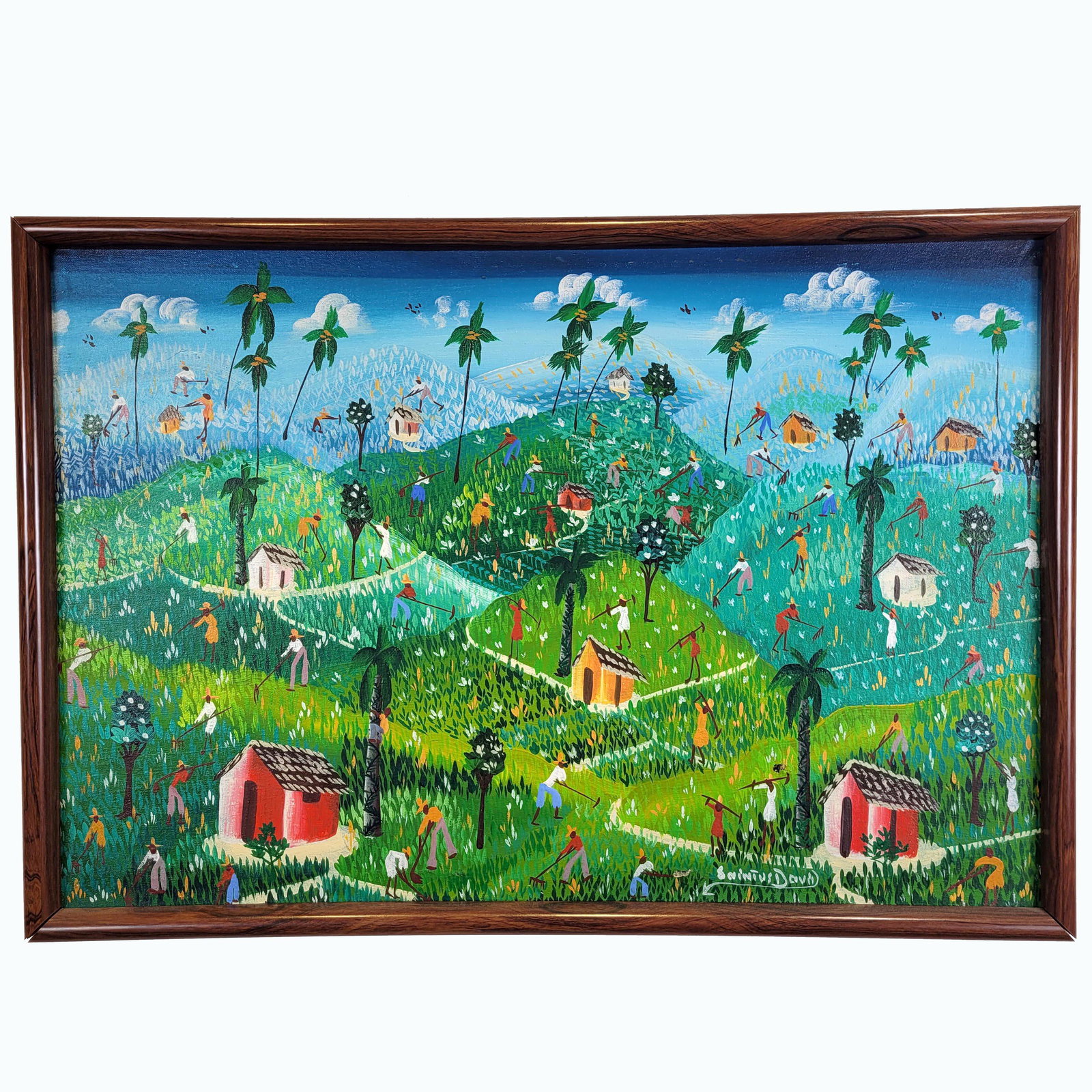 David Saintus Oil on Canvas: Haitian artist signed David Saintus. Men and women working in the fields. 25 x 17 inches framed. Property from the estate of Dr. Nafis Sadik, no reserve.