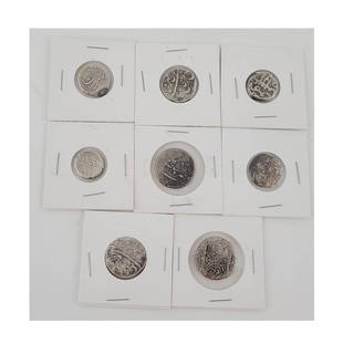 Eight Early Islamic Silver Coins: Persian, Indian silver coins 19th century and earlier. eight coins.