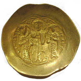 Gold Histamenon of Romanus IV (1067-1071). Byzantine: Gold histamenon of Romanus IV (1067-1071) depicting the Emperor and Empress crowned by Christ. Byzantine gold coin. This concave gold coin was designed to be placed on the eyes of of the dead. In the