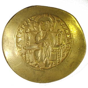 Byzantine Gold Histaminon Nomisma Of Constantine X: Byzantine Gold Histaminon Nomisma Of Constantine X Coin, 1059-1067 AD. Obverse Christ enthroned holding a book of Gospels. Reverse Constantine standing holding Labarun and glove with cross. This