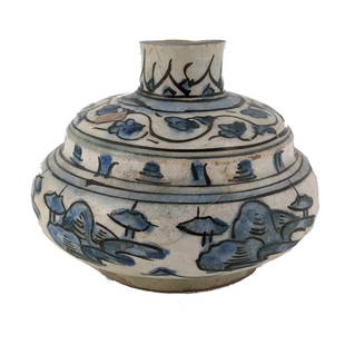 Persian Blue & White Pottery Hookah Base: A Safavid Persian blue & white pottery hookah or waterpipe base in the Chinese Kangxi style. Faux Chinese marking on bottom. Late 17th century. Height 5 inches.