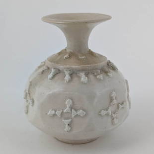 Safavid Persian White Glazed Pottery Hookah Base: A Safavid Persian white glazed pottery hookah or waterpipe vase. With applied triangular shaped decorations. 17th century AD. Height 5 1/2 inches.