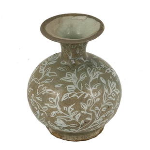 Safavid Soft Paste Pottery Waterpipe Base: A Safavid Persian soft paste pottery waterpipe or hookah base. Celadon glazed with white decoration. Restoration to rim, 17th century. 5 x 4 x 4 inches.