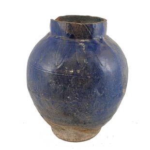 Large Islamic Blue Glazed Pottery Jar: Early Islamic Persian blue glazed pottery jar. 13 x 10 1/2 x 10 1/2