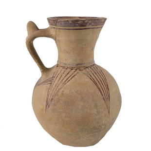 Ancient Persian Pottery Handled Jug, Tepe Giyan: A Northwestern Persian painted pottery jug with handle. Some repair. ca. 1500-1000 BCE. Height 8 3/4 inches.