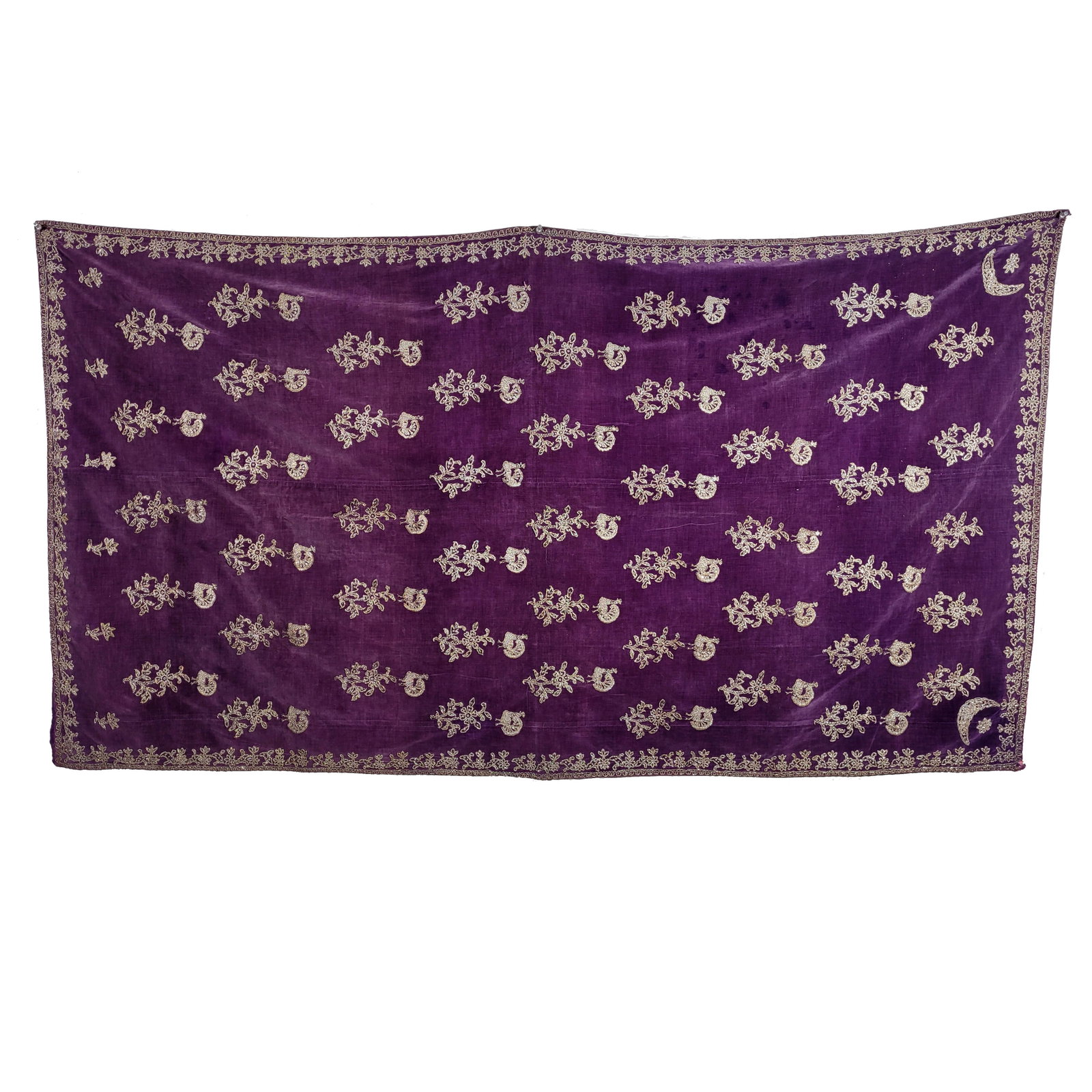 Ottoman/Indian Purple Velvet with Peacocks: Ottoman/Indian purple velvet with peacocks and Turkish crescents. 72 x 41 inches.