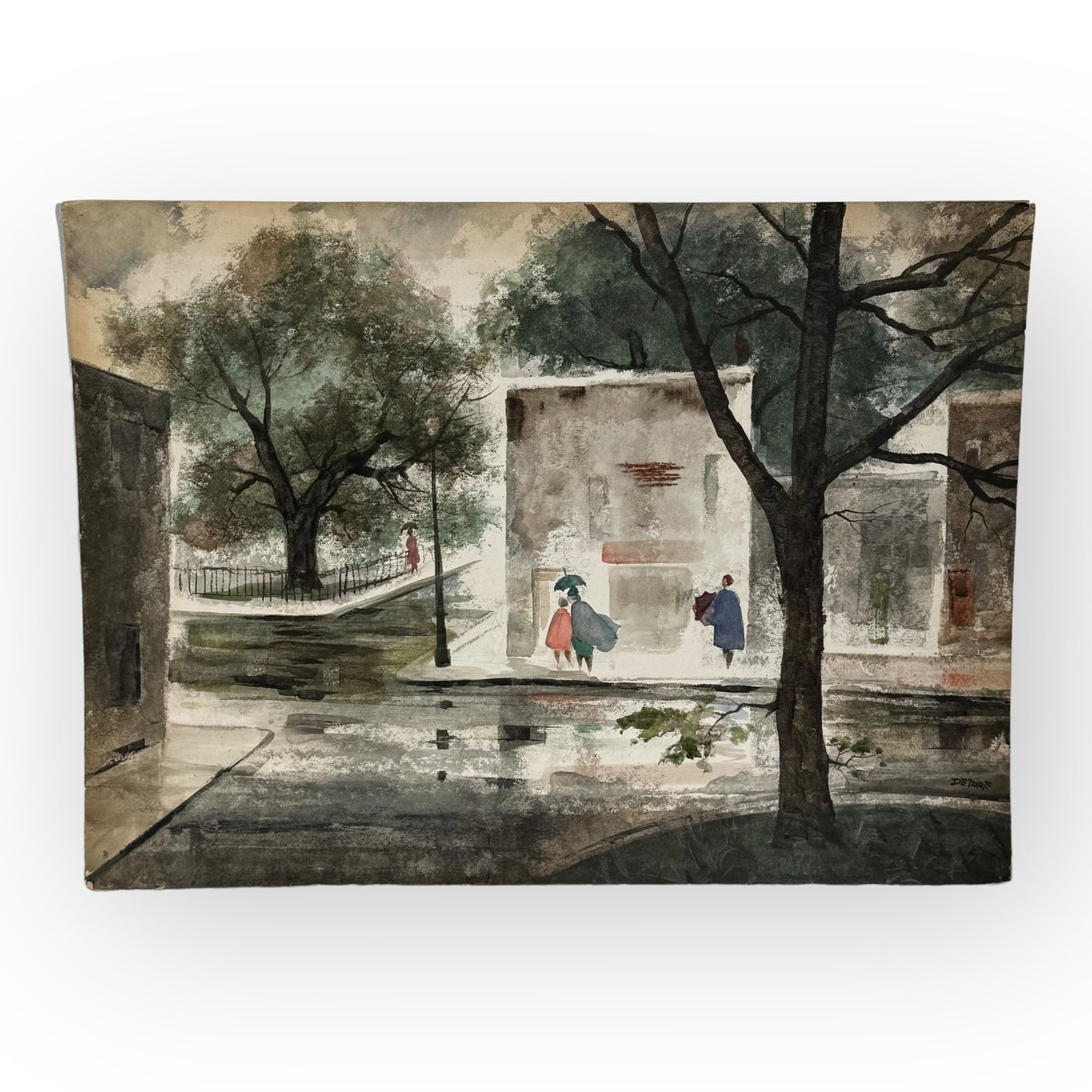 John Detore (1902-1975) watercolor painting of street scene: John Detore watercolor painting of street scene. Signed in lower right hand corner. Measures 25 x 34 inches.