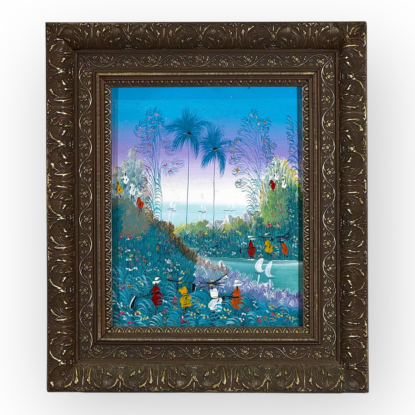 Haitian Colorful Oil on Board Landscape Painting: Haitian colorful oil on board landscape painting. H Cineus? Oil painting. Measures 15 x 13 inches with frame.