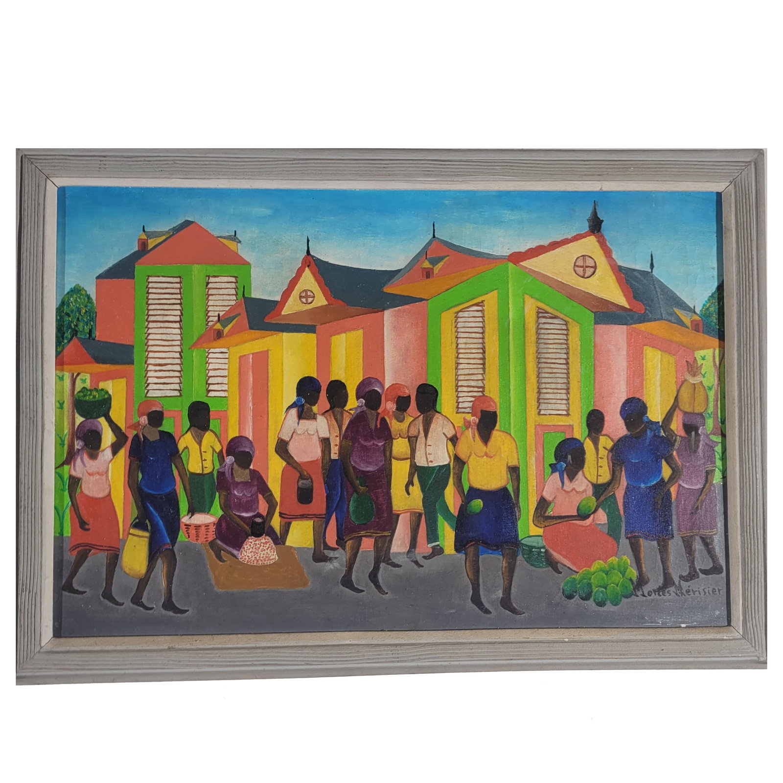 Haitian Oil on Board Painting of a Street Market, Signed: Haitian oil on board painting of a street market. Signature by Mortes Merisier. Dimensions: 19 x 26 1/2 inches.