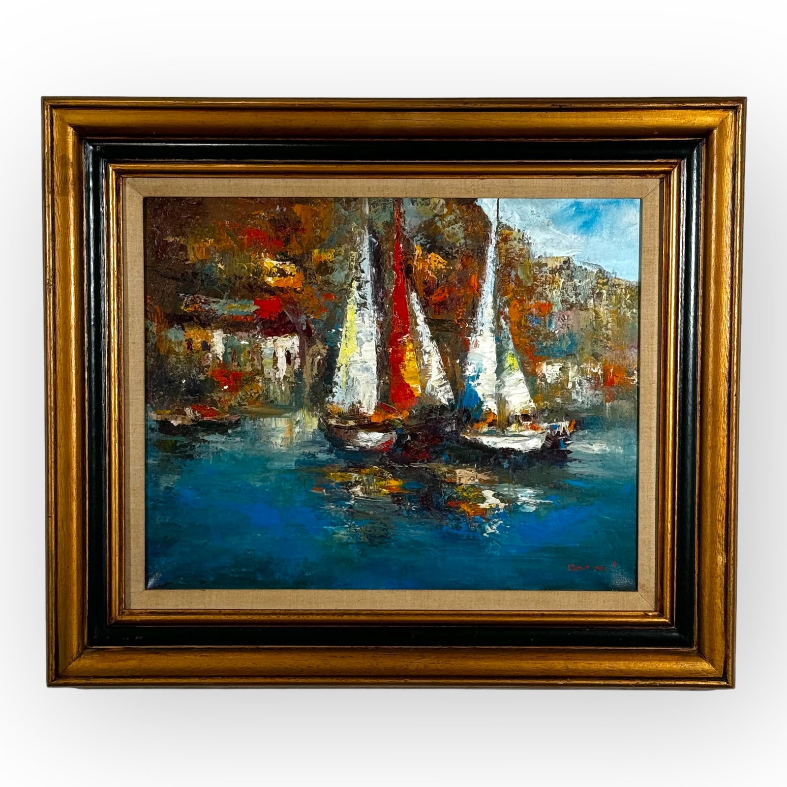 Oil on board painting of sail ships in harbor: Oil on board painting of sail ships in harbor. Signature in lower right. Dimensions: 23 x 27 inches.