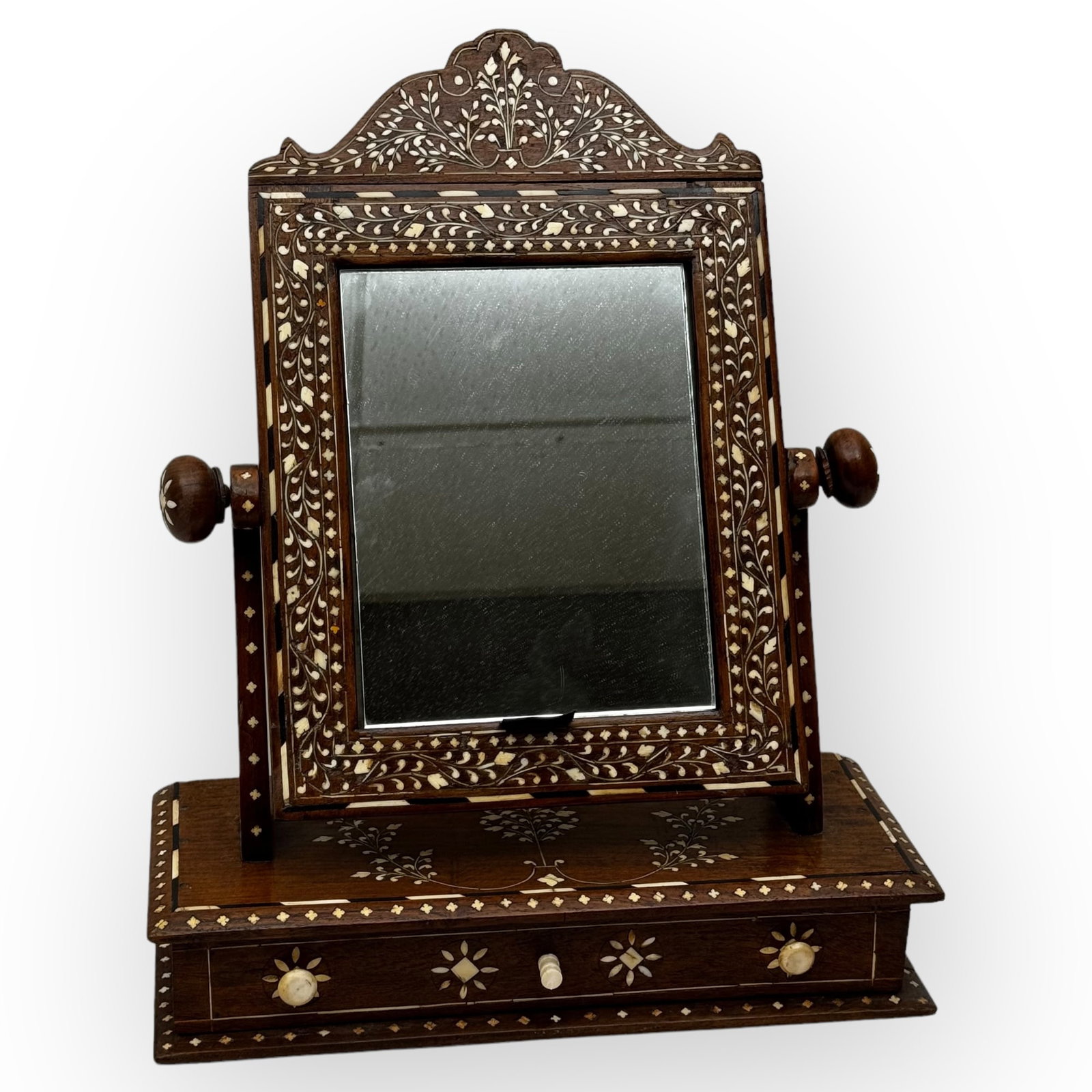 Indian Inlaid Travel Mirror: Indian inlaid travel mirror. Intact. 19th century. Dimensions: 16 x 7 x 20 inches.
