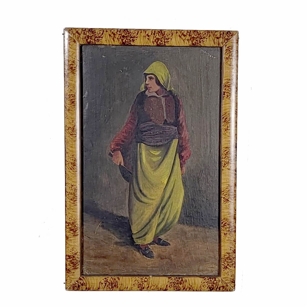 Orientalist Oil on Board Painting of a Bedouin Woman: Framed Orientalist oil on board painting of a Bedouin woman in chartreuse robes. Islamic scene. 19th century. Dimensions: 8 1/4 x 12 1/2 inches (with frame).