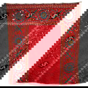 Turkmen Suzani with Traditional Motifs: Turkmen Suzani with traditional motifs. Three sides of the textile are embroidered with polychrome cotton in tribal and vegetal designs. On an orange-red ground. Late 19th to early 20th century.