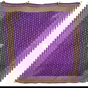 Indian Banarasi Silk & Metal Threaded Cloth: Indian Banarasi decorative cloth piece. Royal eggplant cloth with a traditional Banarasi motif pattern. The border along one side of this textile exhibits partial separation from the main ground.