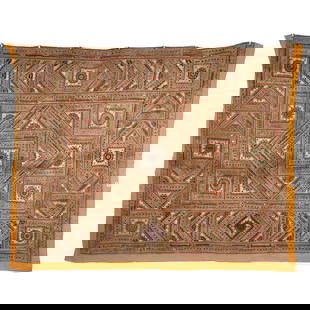 Large Indian Wall Tapestry with Geometric Patterns: Large Indian wall tapestry with geometric embroidery. Square and diamond patterns are embroidered in a mandala-like arrangement. Backed with a marigold colored background. The textile is embellished