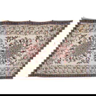 Large Persian Ghalamkar Tablecloth, Polo Players: A large Persian ghalamkar tablecloth. Depicted are two medallions encircled by patterns of boteh motifs. Its outer margins depict figures playing polo. Embroidered in a tri-color scheme of red,