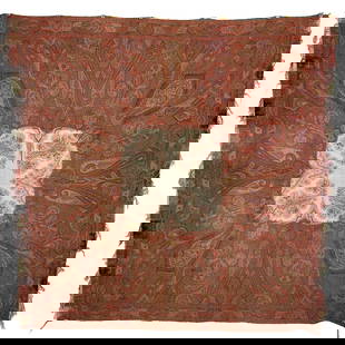 European Paisley Shawl with Cream Center: European paisley shawl with cream center. The shawl is composed in a combination of crimson, rose, and pistachio threads around a cream center. Minor perforations, missing tassels, and tears in the