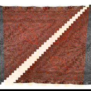 European Paisley Shawl with Quatrefoil Center: European paisley shawl with quatrefoil center. The shawl's swirling designs are composed in both warm and cool sunset colors. Additional dark brown detailing emanates from the center of the shawl and