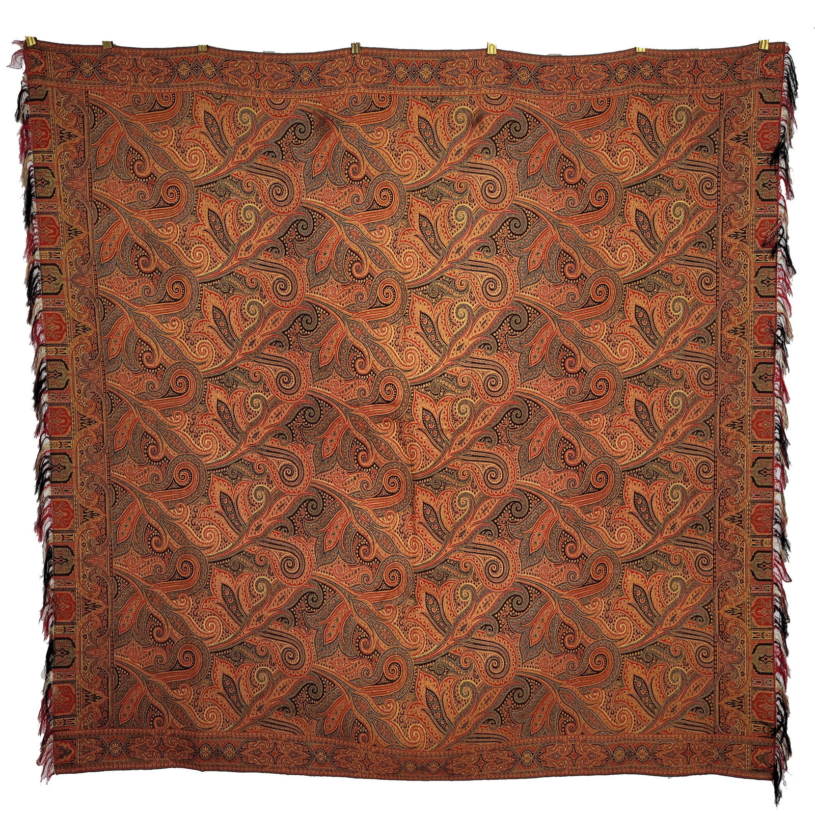 European Paisley Shawl with Trellis Pattern: European paisley shawl with trellis pattern. On the shawl are crimson and grey tulip-shaped botehs in a diagonal criss-cross pattern. The botehs are lined with additional dark brown thread for added p
