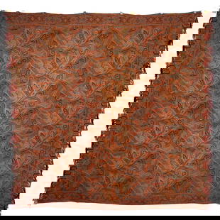 European Paisley Shawl with Trellis Pattern: European paisley shawl with trellis pattern. On the shawl are crimson and grey tulip-shaped botehs in a diagonal criss-cross pattern. The botehs are lined with additional dark brown thread for added