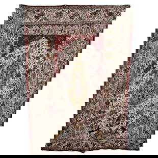 Indian Print Cloth Kalamkar: Indian print cloth kalamkar. The central motif of the kalamkar is a Tree of Life. Additional peacocks and striking lions with their prey are depicted. Minor repair work done on the back. Circa 1850.