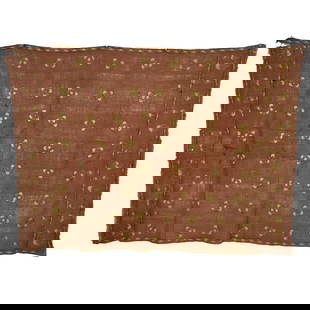 Indian Cotton Shawl with Silk Embroidery: Indian cotton shawl with silk embroidery. On camel ground, a repeating pattern of gold floral medallions are embroidered in silk in a loose grid. Some stain and perforations. Early 19th century. Dimen