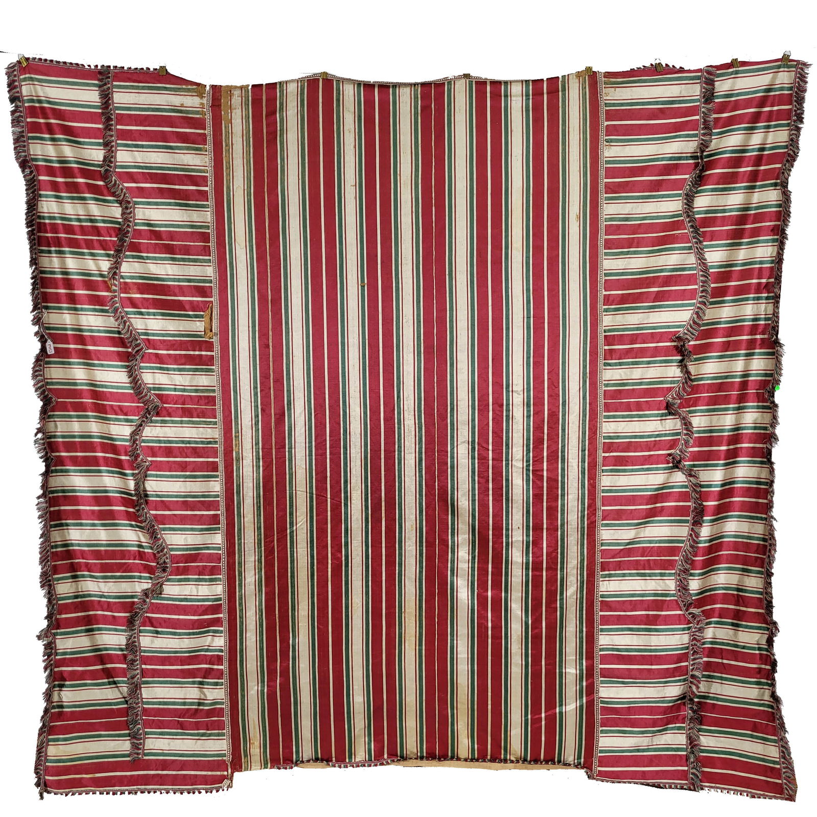 Large European Silk/Satin Bedspread: Large European silk/satin bedspread. French/Italian. The surface has barn stripe-like crimson and green bands and scalloped, fringed edges. Faint stains and patches of unraveling silk thread on the su