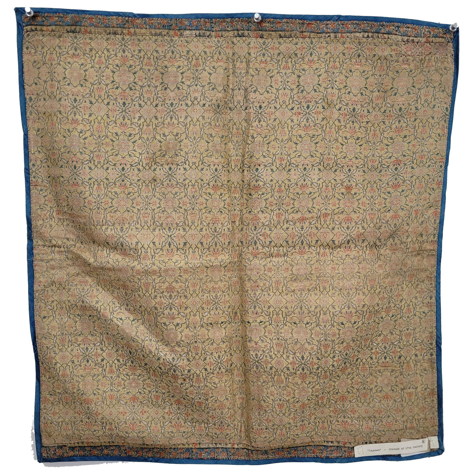 Isfahan Safavid Silk and Metal Brocaded Textile: Isfahan Safavid silk and metal brocaded textile. Features dense all-over repeats of floral rosettes and palmettes. 17th century. Dimensions: 23 inches square.