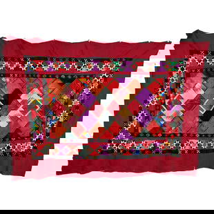 Uzbek Suzani Cotton Wall Tapestry: Uzbek Suzani cotton wall tapestry with patchwork designs. On a maroon cotton reserve, the base pattern consists of silk and velvet patches arranged in a checkerboard. A band of traditional geometric m