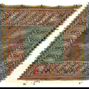 Indian Silk Embroidered Velvet Panel with Boteh Designs: Indian silk embroidered velvet panel with boteh designs. On celadon green grounding, a wide band of boteh designs is embroidered in polychrome threads. Tassels fringe the edge. Some discoloration and