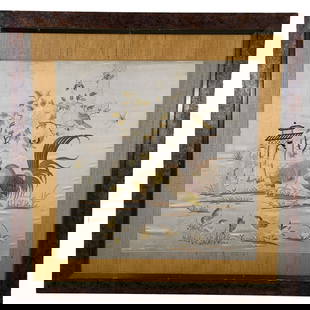 Mounted Chinese Embroidered Silk Textile: Mounted and framed Chinese embroidered silk textile. On argent silk, nobles engaged in conversation, chickens, and birds are embroidered in a pavilion. The enlarged flowers and rooster indicate the us
