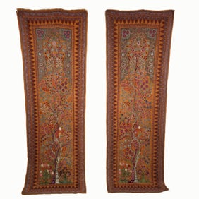 Pair of Long Kerman Persian Embroidered Cotton Wall Tapestries