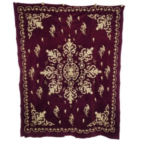 Middle Eastern Velvet Bedspread with Gold-Silver Metallic Embroidery
