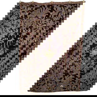 Ottoman Turkish Velvet Wall Hanging with Metallic Thread: Ottoman Turkish velvet wall hanging with metallic thread. The hanging's velvet grounding features highly detailed arabesques and depictions of a garden and inside of a palace. The textile is centered