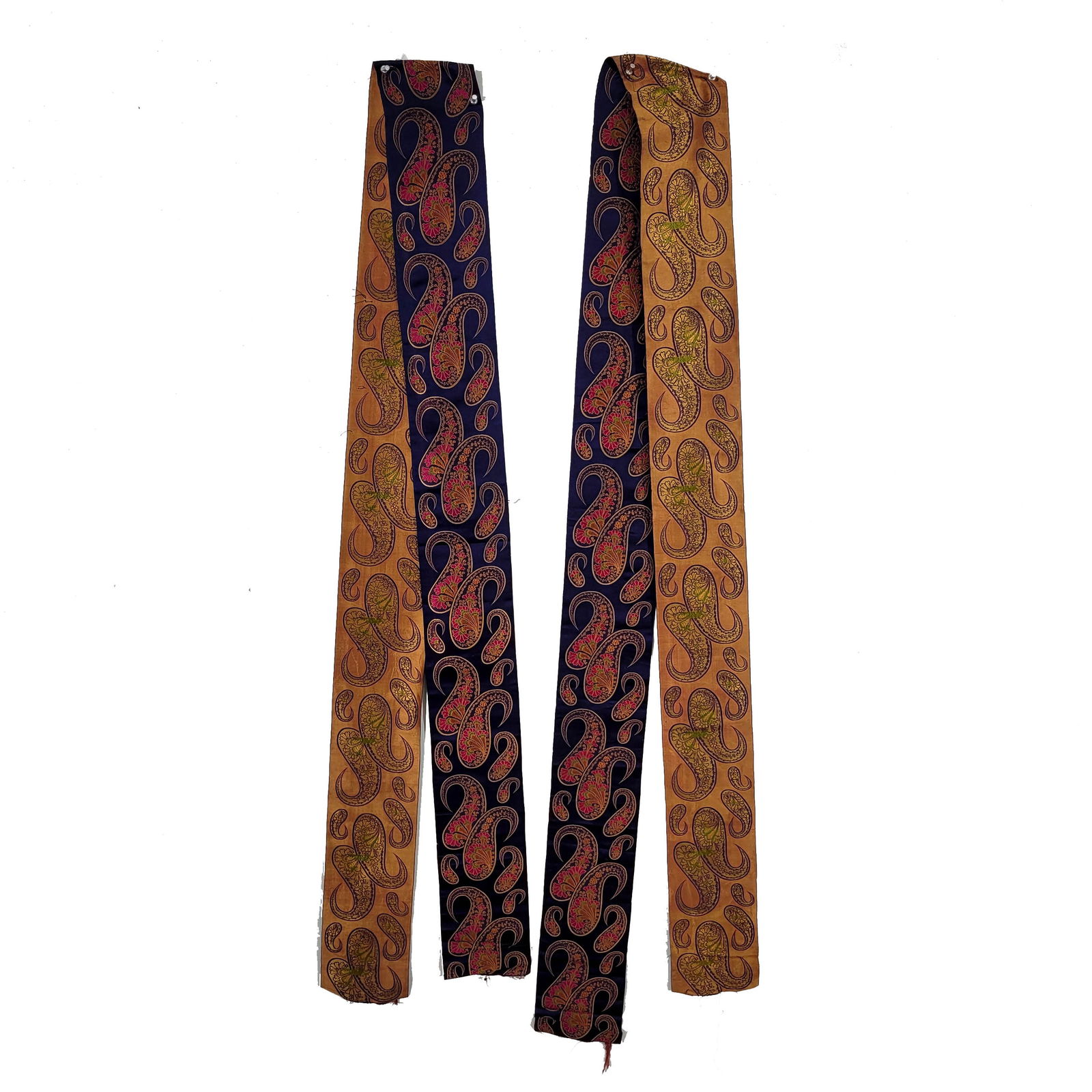 Pair of European Silk Brocade Sashes: Pair of European silk brocade sashes. Dimensions: 5 1/2 x 110 inches.