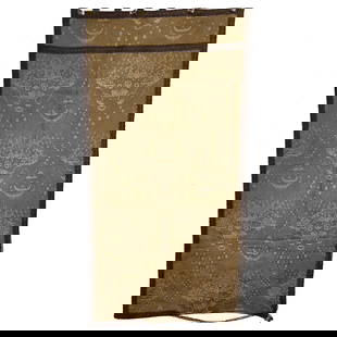 European Cotton Tapestry Sewn with Metallic Thread: European cotton tapestry embroidered with metallic thread. Gold-metallic and silk threads in a sandstone color palette are sewn into motifs depicting leopard pairs. The tapestry is framed with a coile
