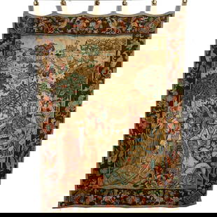 European Hanging Tapestry Depicting Medieval Hunting Scene: European hanging tapestry with Medieval hunting scene depicted in cotton and metallic embroidery. Good condition. Dimensions: 43 x 58 inches.