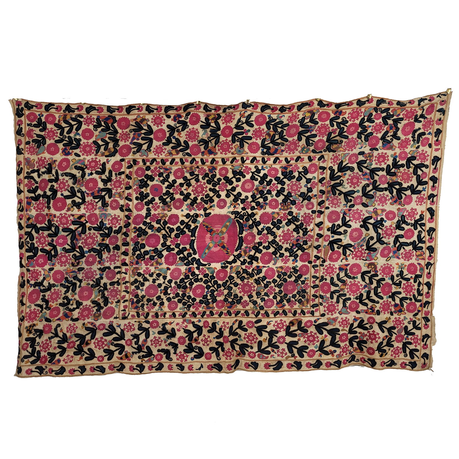 Central Asian Suzani with Silk Floral Pattern: Central Asian Suzani with embroidered silk floral pattern. The field of the textile is filled with resplendent trellis-like flower and vine designs. Centered by a four-pronged geometric medallion. Min