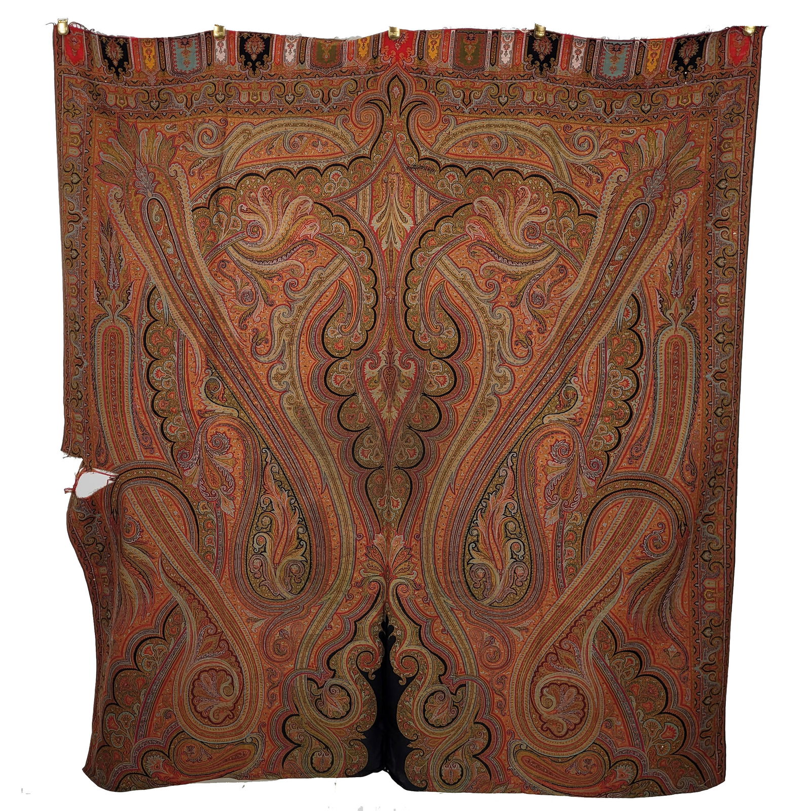 European Paisley Half Shawl: European paisley half shawl. The shawl has pastel rainbow colored threads done in a swirling paisley design with additional black lining for contrast. Along one edge is a checkered border of highly de