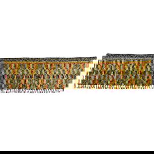 Long Tibetan Silk Brocade Kaden Tapestry: Long Tibetan silk brocade kaden tapestry. Royal blue header with cascading polychrome panels. Brocaded in gold metallic thread with lotus and cloud motifs; ornamented with bells and tassels. Tradition