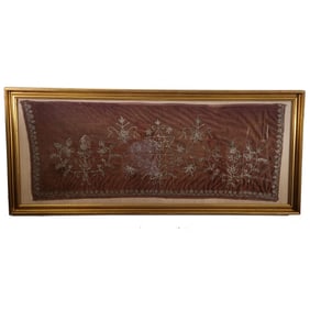 Persian Jewish Framed Textile with Silk and Silver Thread Embroidery