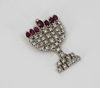 Israeli Judaica Platinum Menorah Pendant with Diamonds & Rubies
