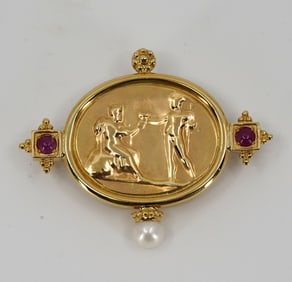 Italian Repousse 14 Kt Gold Pendant/Brooch with Ruby and Pearl