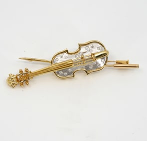 14 Kt Gold Violin Brooch with Diamond Accents